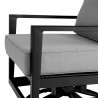 Armen Living Grand Black Aluminum Outdoor Swivel Glider Chair with Dark Gray Cushions- Arm View