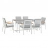 Royal 7 Piece White Aluminum and Teak Outdoor Dining Set with Light Gray Fabric 1