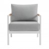 Armen Living Royal 4 Piece White Aluminum and Teak Outdoor Seating Set with Light Gray Cushions- Chair Front
