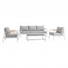 Armen Living Royal 4 Piece White Aluminum and Teak Outdoor Seating Set with Light Gray Cushions- Set View