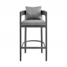 Armen Living Argiope Outdoor Patio Counter or Bar Height Bar Stool in Aluminum with Grey Cushions- Front View