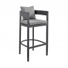 Armen Living Argiope Outdoor Patio Counter or Bar Height Bar Stool in Aluminum with Grey Cushions- Side Angle View
