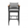 Armen Living Wiglaf Outdoor Patio Counter or Bar Height Bar Stool in Aluminum and Teak with Grey Cushions Front