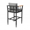Armen Living Wiglaf Outdoor Patio Counter or Bar Height Bar Stool in Aluminum and Teak with Grey Cushions Back Angle