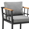 Armen Living Wiglaf Outdoor Patio Counter or Bar Height Bar Stool in Aluminum and Teak with Grey Cushions Half Front