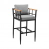 Armen Living Wiglaf Outdoor Patio Counter or Bar Height Bar Stool in Aluminum and Teak with Grey Cushions Front Angle