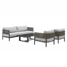 Armen Living Felicia 4 Piece Outdoor Black Aluminum & Rope Conversation Set with Light Gray Fabric Cushions Set