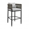 Armen Living Felicia Outdoor Patio Counter or Bar Height Bar Stool in Aluminum with Grey Rope and Cushions - Front Angle View