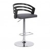 Armen Living Adele Adjustable Height Swivel Grey Faux Leather and Black Wood Bar Stool With Chrome Front Angle