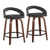 Grotto Upholstered 24" Contemporary Fixed-Height Counter Stool with Swivel in Walnut Wood and Black Faux Leather with Round Black Metal Footrest by LumiSource - Set of 2 - Grotto Upholstered 24" Contemporary Fixed-Height Counter Stool with Swivel in Walnut Wood and Black Faux Leather with Round Black Metal Footrest by LumiSource - Set of 2
