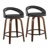 Grotto Upholstered 24" Contemporary Fixed-Height Counter Stool with Swivel in Walnut Wood and Black Faux Leather with Round Black Metal Footrest by LumiSource - Set of 2 - Grotto Upholstered 24" Contemporary Fixed-Height Counter Stool with Swivel in Walnut Wood and Black Faux Leather with Round Black Metal Footrest by LumiSource - Set of 2