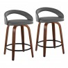 Grotto Upholstered 24" Contemporary Fixed-Height Counter Stool with Swivel in Walnut Wood and Grey Faux Leather with Round Black Metal Footrest by LumiSource - Set of 2 - Grotto Upholstered 24" Contemporary Fixed-Height Counter Stool with Swivel in Walnut Wood and Grey Faux Leather with Round Black Metal Footrest by LumiSource - Set of 2