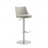 Carter Barstool With Adjustable Height And Swivel in Light Grey Faux Leather and Brushed Stainless Steel Base - Angled