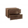 Moon Nightstand In Walnut Veneer And Brushed Stainless Steel - Angled witrh Drawers Opend