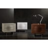 Moon Nightstand In High Gloss White Lacquer With Brushed Stainless Steel - Lifestyle with Set