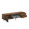 Casabianca CALICO Entertainment Center In Walnut Wood Veneer With Gray Matte Painted Accents - Angled with Drawers Opened