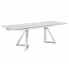 Casabianca NOELLE Dining Table In Modern White And Gray Ceramic With Polished Stainless Steel Base - Angled and Extended - Casabianca NOELLE Dining Table In Modern White And Gray Ceramic With Polished Stainless Steel Base - Angled and Extended