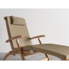 Hi Teak Furniture Adelle Teak Folding Outdoor Deck Chair Lounge with Sunbrella Fawn Cushions  - Angled Close-up View