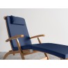 Hi Teak Furniture Adelle Teak Folding Outdoor Deck Chair Lounge with Sunbrella Navy Cushions - Angled Close-up View