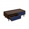Manhattan Comfort Duane Modern Ribbed Coffee Table with Drawer and Shelf in Dark Brown Blue Open