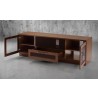 Furnitech 70" Contemporary TV Stand Media Console for Flat Screen and Audio Video Installations in a Light Cognac Finish - Front Side Opened Angle