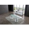 Whiteline Modern Living Mandarin Dining Table With Polished Stainless Steel Connector in Matt White Bases - Lifestyle