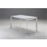 Ghost Extending Dining Table White Glass with Polished Stainless Steel - Side Angled
