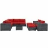 Modway Summon 10 Piece Outdoor Patio Sunbrella® Sectional Set - Canvas Red - Set in Front Angle - Modway Summon 10 Piece Outdoor Patio Sunbrella® Sectional Set - Canvas Red - Set in Front Angle