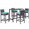 Modway Convene 5 Piece Outdoor Patio Pub Set in Espresso Turquoise - Set in Front Side Angle