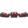 Modway Convene 8 Piece Outdoor Patio Sofa Set in Espresso Red - Set in Front Angle