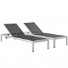 Modway Shore Chaise Outdoor Patio Aluminum in Silver Black - Set of Two - Set Reclined in Front Side Angle