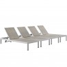 Modway Shore Chaise Outdoor Patio Aluminum in Silver Gray - Set of Four - Set Reclined in Front Side Angle