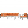 Modway Shore 6 Piece Outdoor Patio Aluminum Sectional Sofa Set - Silver Orange - Table in Front Angle