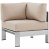 Modway Shore 4 Piece Outdoor Patio Aluminum Sectional Sofa Set - Silver Beige - Corner Chair in Front Side Angle