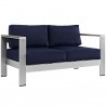 Modway Shore 6 Piece Outdoor Patio Aluminum Sectional Sofa Set in Silver Navy - Loveseat in Front Side Angle