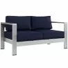 Modway Shore 6 Piece Outdoor Patio Aluminum Sectional Sofa Set in Silver Navy - Loveseat in Front Side Angle - Modway Shore 6 Piece Outdoor Patio Aluminum Sectional Sofa Set in Silver Navy - Loveseat in Front Side Angle