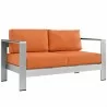 Modway Shore 6 Piece Outdoor Patio Aluminum Sectional Sofa Set in Silver Orange - Loveseat in Front Side Angle - Modway Shore 6 Piece Outdoor Patio Aluminum Sectional Sofa Set in Silver Orange - Loveseat in Front Side Angle