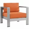 Modway Shore 6 Piece Outdoor Patio Aluminum Sectional Sofa Set in Silver Orange - Armchair in Front Side Angle - Modway Shore 6 Piece Outdoor Patio Aluminum Sectional Sofa Set in Silver Orange - Armchair in Front Side Angle
