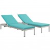 Modway Shore 3 Piece Outdoor Patio Aluminum Chaise with Cushions - Silver Turquoise - Set in Front Side Angle