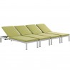 Modway Shore Chaise with Cushions Outdoor Patio Aluminum in Silver Peridot - Set of Four - Set Reclined in Front Side Angle
