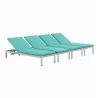 Modway Shore Chaise with Cushions Outdoor Patio Aluminum in Silver Turquoise - Set of Four - Set in Front Side Angle - Modway Shore Chaise with Cushions Outdoor Patio Aluminum in Silver Turquoise - Set of Four - Set in Front Side Angle