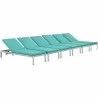 Modway Shore Chaise with Cushions Outdoor Patio Aluminum in Silver Turquoise - Set of Six - Set Reclined in Front Side Angle - Modway Shore Chaise with Cushions Outdoor Patio Aluminum in Silver Turquoise - Set of Six - Set Reclined in Front Side Angle