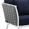 Modway Stance Outdoor Patio Aluminum Armchair - White Navy - Seat Closeup Angle - Modway Stance Outdoor Patio Aluminum Armchair - White Navy - Seat Closeup Angle