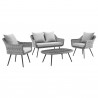 Modway Endeavor 4 Piece Outdoor Patio Wicker Rattan Loveseat Armchair and Coffee Table Set - Gray Gray - Set in Front Side Angle