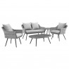 Modway Endeavor 5 Piece Outdoor Patio Wicker Rattan Loveseat Armchair Coffee + Side Table Set - Gray Gray - Set in Front Side Angle