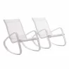Modway Traveler Rocking Lounge Chair Outdoor Patio Mesh Sling in White White - Set of Two - Set in Front Side Angle - Modway Traveler Rocking Lounge Chair Outdoor Patio Mesh Sling in White White - Set of Two - Set in Front Side Angle