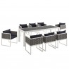 Modway Stance 9 Piece Outdoor Patio Aluminum Dining Set - Silver Navy - Set in Front Side Top Angle
