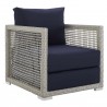 Modway Aura 3 Piece Outdoor Patio Wicker Rattan Set in Gray Navy - Armchair in Front Side Angle