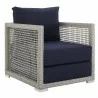 Modway Aura 3 Piece Outdoor Patio Wicker Rattan Set in Gray Navy - Armchair in Front Side Angle - Modway Aura 3 Piece Outdoor Patio Wicker Rattan Set in Gray Navy - Armchair in Front Side Angle