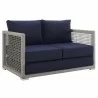 Modway Aura 3 Piece Outdoor Patio Wicker Rattan Set - Gray Navy - Loveseat in Front Side Angle - Modway Aura 3 Piece Outdoor Patio Wicker Rattan Set - Gray Navy - Loveseat in Front Side Angle